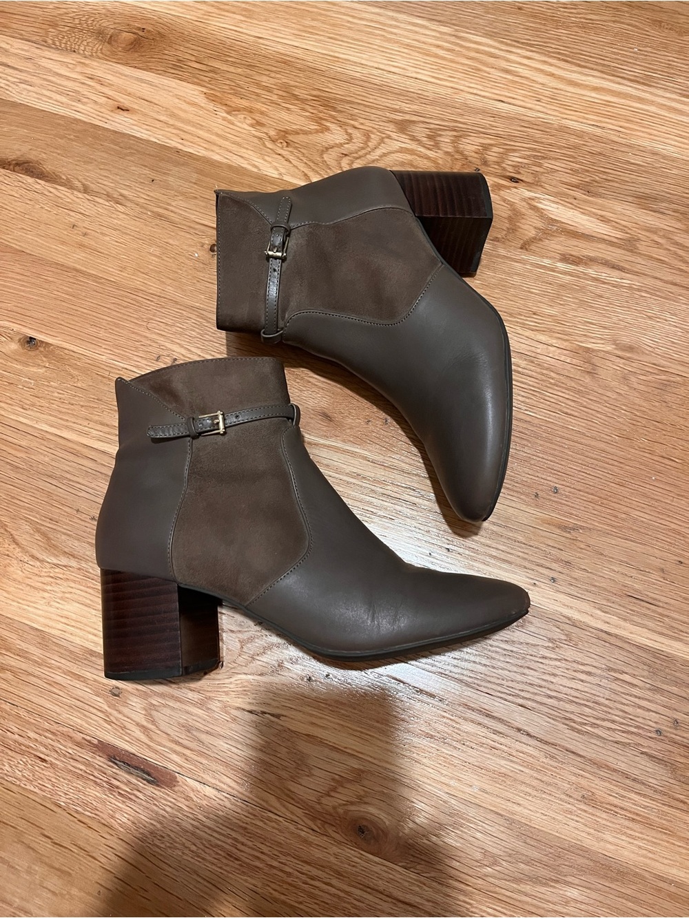 Cole Haan Gray-Taupe Leather & Suede Ankle Booties with Block Heel